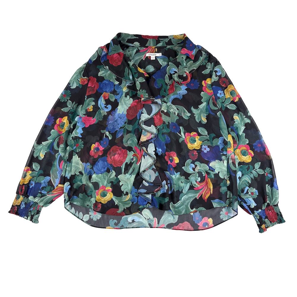 Chico's Floral Ruffle Blouse Womens 3 XL Black Multicolor Romantic Boho Sheer